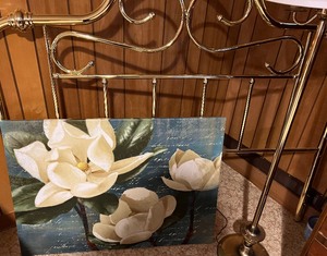 lot 239 image: Full Size Brass Headboard, Brass Floor Lamp and Artwork