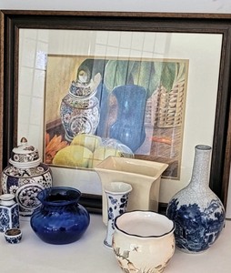 lot 47 image: Colored Pencil Framed Art, Ginger Jar and decor lot