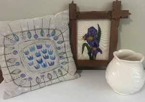 lot 123 image: Cross stitch pillow, Weller vase and embroidered picture