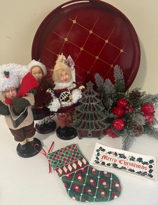 lot 126 image: Vintage Christmas Stained and Iron Votive Holder, Laquer Tray made in Japan
