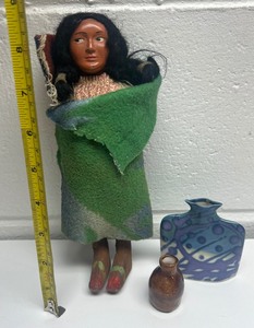 lot 132 image: Antique Souvenir Skookum Doll and Porcelain Slab Vase Earth and Sky Pottery by Bloom