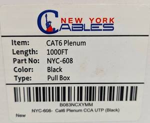lot 31B image: Lot of (1) New York Cables 1000 Cat6 Plenum 550MHz 23AWG  UTP Pull Box CCA Cable