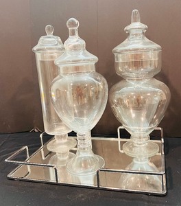 lot 84 image: Beautiful Mirror Tray with Accent with Silver Including Three Glass Jars with Tops