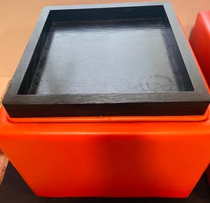lot 62 image: Gorgeous Pair of End Tables with Reversable Tray or Cushion with Storage in Burnt Orange in Great Condition