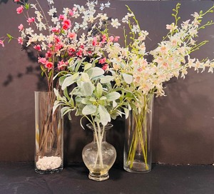 lot 159 image: Three Glass Vases with Beautiful Pinks, Whites and Greens Decor