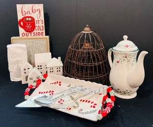 lot 163 image: Pfaltzgraff Winterberry Holiday Teapot, Platters, Birdcages and More