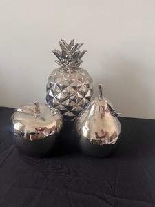 lot 166 image: Silver Colored Decorative Pineapple, Apple and Pear Figurines