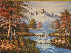 lot 14 image: Mid-Century Landscape Oil Painting Singed R. Davis in Elegant Rococo Frame