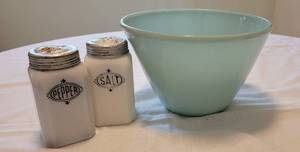 lot 146 image: Fire King Delphite Blue Mixing Bowl with Milk Glass Salt and Pepper Shakers