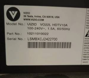 lot 182 image: Vizio TV Television Model VO22L