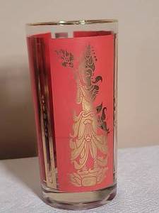 lot 264 image: Vintage Mid-Century Modern Culver Red Thai Goddess Highball Glasses with Caddy (8)