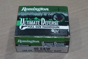 lot 100 image: 20 Remington Ultimate Defense .40 S&W 180 Gr Golden Saber BJ HP Ammo