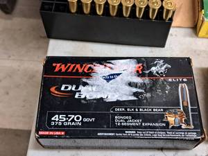 lot 105 image: Lot of (1 Box) Winchester DeerElkBlack Bear 45-70 GOVT 375gr Bonded Dual Jacket Cartridges 20-count ( 20 total items )