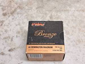 lot 133 image: Lot of (1 Box) PMC Bronze Hunting 44 Remington Magnum 180gr Jacketed Hollow Point Centerfire Revolver Cartridges 25-count ( 25 total items )