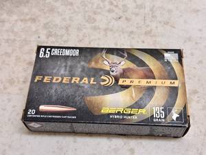 lot 155 image: Lot of (1 Box) Federal Berger Hybrid Hunter Premium 6.5 Creedmoor 135gr Centerfire Rifle Cartridges 20-count ( 20 total items )