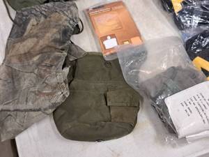 lot 290 image: Assorted HuntingCamping Accessories - Poncho, Canteen Holder, Mesh Face Mask, ChemicalBiological Hood