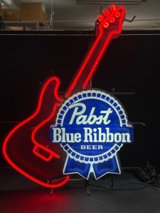 lot 13 image: PBR Pabst Blue Ribbon Beer with red neon guitar