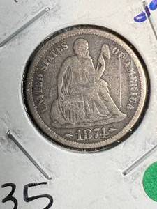 1874WARROWS US SEATED LIBERTY DIME