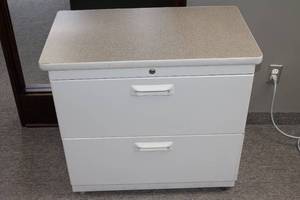 lot 52 image: White Two-drawer Metal Hanging File Cabinet with Laminate Top