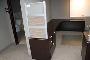 lot 54 image: L-Shaped Espresso Corner Unit with Locking 5-drawer Cabinet and Privacy Screen