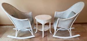 lot 5 image: Fabulous Three Piece Wicker Rocking Chair and Table Set