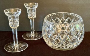 lot 38 image: Pair of Waterford Crystal Candle Holders and Crystal Bowl