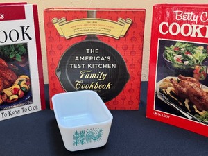 lot 72 image: Cookbooks and Vintage Pyrex Dish