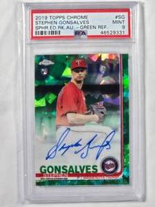 lot 8 image: Stephen Gonsalves 2019 Topps Chrome Rookie Autograph Green Refractor Card #SG - PSA Graded Mint 9