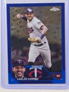 lot 32 image: Carlos Correa 2023 Topps Chrome #140 Blue Logofractor Numbered 143150