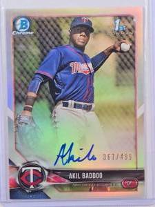 lot 35 image: Akil Baddoo 2018 Bowman Chrome Rookie Refractor Autograph #BCP-AB Numbered 367499