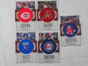 lot 39 image: Lot of 5 2023 Topps Team Logo Relic Patches Byron Buxton, Rafael Devers, Ketel Marte, Jonathan India, Bobby Witt Jr.