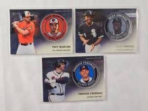 lot 40 image: Lot of 3 2020 Topps Commemorative Player Medallion Cards Freddie Freeman, Eloy Jiminez, Trey Mancini