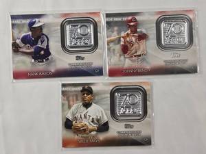 lot 42 image: Lot of 3 Topps 70th Anniversary Logo Patch Cards Willie Mays, Hank Aaron, Johnny Bench