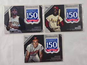 lot 43 image: Lot of 3 2019 Topps 150th Baseball Anniversary Patch Cards Roberto Clemente, Brooks Robinson, Lou Brock