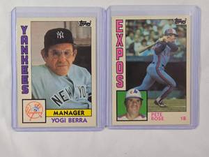 lot 87 image: Lot of 2 Yogi Berra 1984 Topps No. 13T, Pete Rose 1984 Topps No. 103T