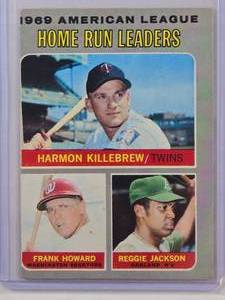 lot 123 image: 1969 American League Home Run Leaders Harmon Killebrew, Frank Howard, Reggie Jackson Topps NO. 66