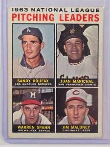 lot 134 image: 1963 National League Pitching Leaders Sandy Koufax, Juan Marichal, Warren Spahn, Jim Maloney Topps No. 3
