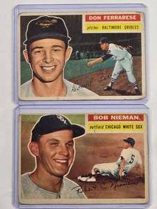 lot 162 image: Lot of 2 Vintage Sequential Topps Baseball Cards from 1956 Bob Nieman No. 267 & Don Farrarese No. 266