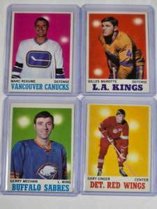 lot 187 image: Lot of 4 Topps NHL 1970-70 Gilles Marotte #34, Gerry Meehan #125, Gary Unger #26, Marc Reaume #119