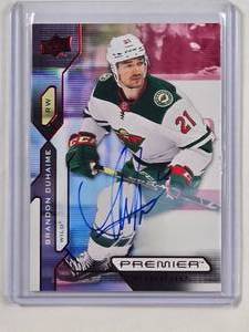 lot 196 image: Brandon Duhaime Rookie On Card Auto Red SP 2021-22 Upper Deck Premier No. 142