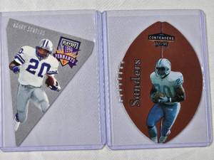lot 217 image: Lot of 2 Barry Sanders Die Cut Cards 1996 Playoff Pennants No. 20, 98 Contenders Playoff No. 30