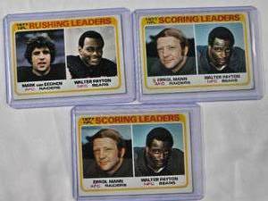 lot 230 image: Lot of 3 1977 NFL Leaders Cards with Walter Payton 1977 Rushing Leaders van Eghen and Walter Payton, 2x Scoring Leaders Errol Mann and Walter Payton