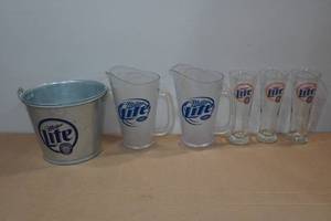 lot 161 image: Metal Miller Beer Bucket with 2 Pitchers and 3 Pint Glasses