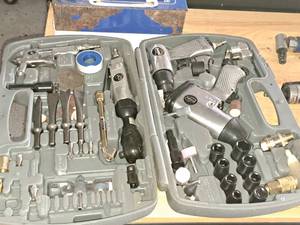 lot 633 image: DeVilbiss Air Multi-Tool Kit (New ) with 38 Ratchet, 12 Impact Wrench, HammerChisel, Accessories and Case