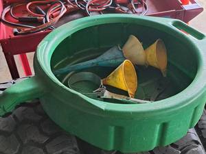 lot 707 image: Oil Drain Pan, Assorted Funnels, Filter Wrench