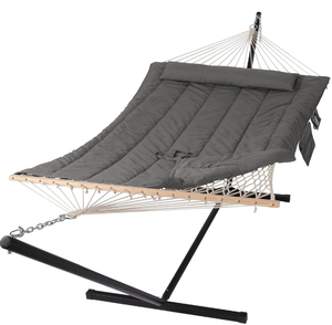SUNCREAT Double Outdoor Hammock with Stand, Two Person Cotton Rope Hammock with Polyester Pad