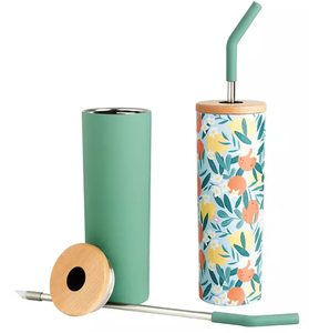 LOT OF 2 Members Mark 24-oz Stainless Steel Insulated Tumblers With Wood Lids And Stainless Steel Straws