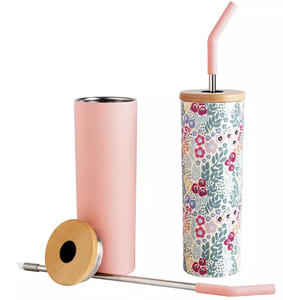 LOT OF 2 Members Mark 24-oz Stainless Steel Insulated Tumblers With Wood Lids And Stainless Steel Straws