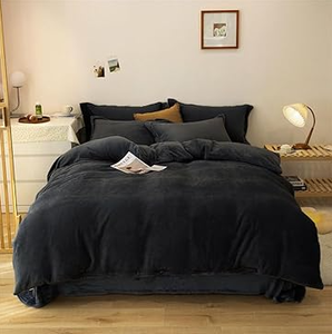 Wellboo Black Velvet Comforter Sets Queen Solid Black Fluffy Bedding