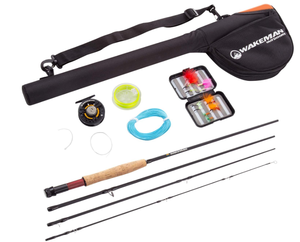 Fly Fishing Starter Set- 8� Fiberglass Rod, Aluminum Reel, Travel Bag, 12 Dry Flies & Box